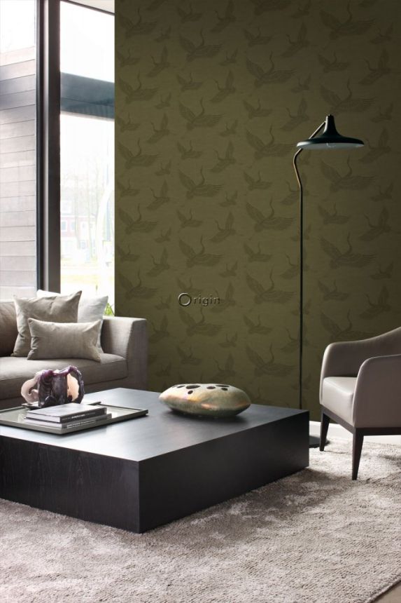 Grüne/khaki Tapete - Vögel, Kraniche - Stofftextur, Vliestapete 347758, Natural Fabrics, Origin