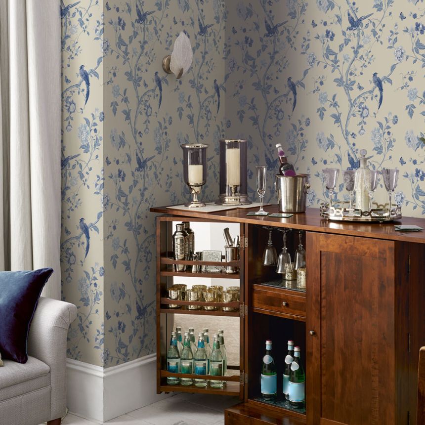 Tapete mit blauen Blumen und Vögeln 113390, Laura Ashley, Graham & Brown